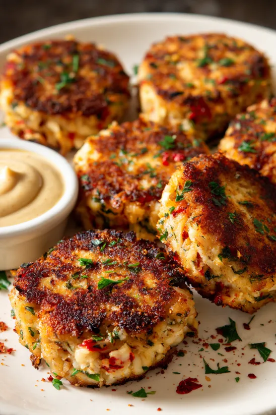A plate of crab cakes with a creamy sauce.
