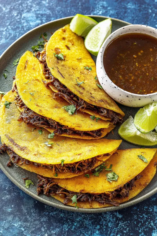A plate of tacos with meat and lime wedges.