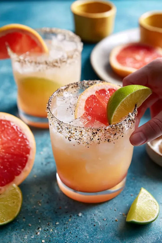 A hand is reaching for a slice of lime to garnish a Paloma cocktail.