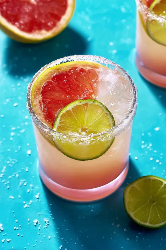 A glass of Paloma with a slice of lime.