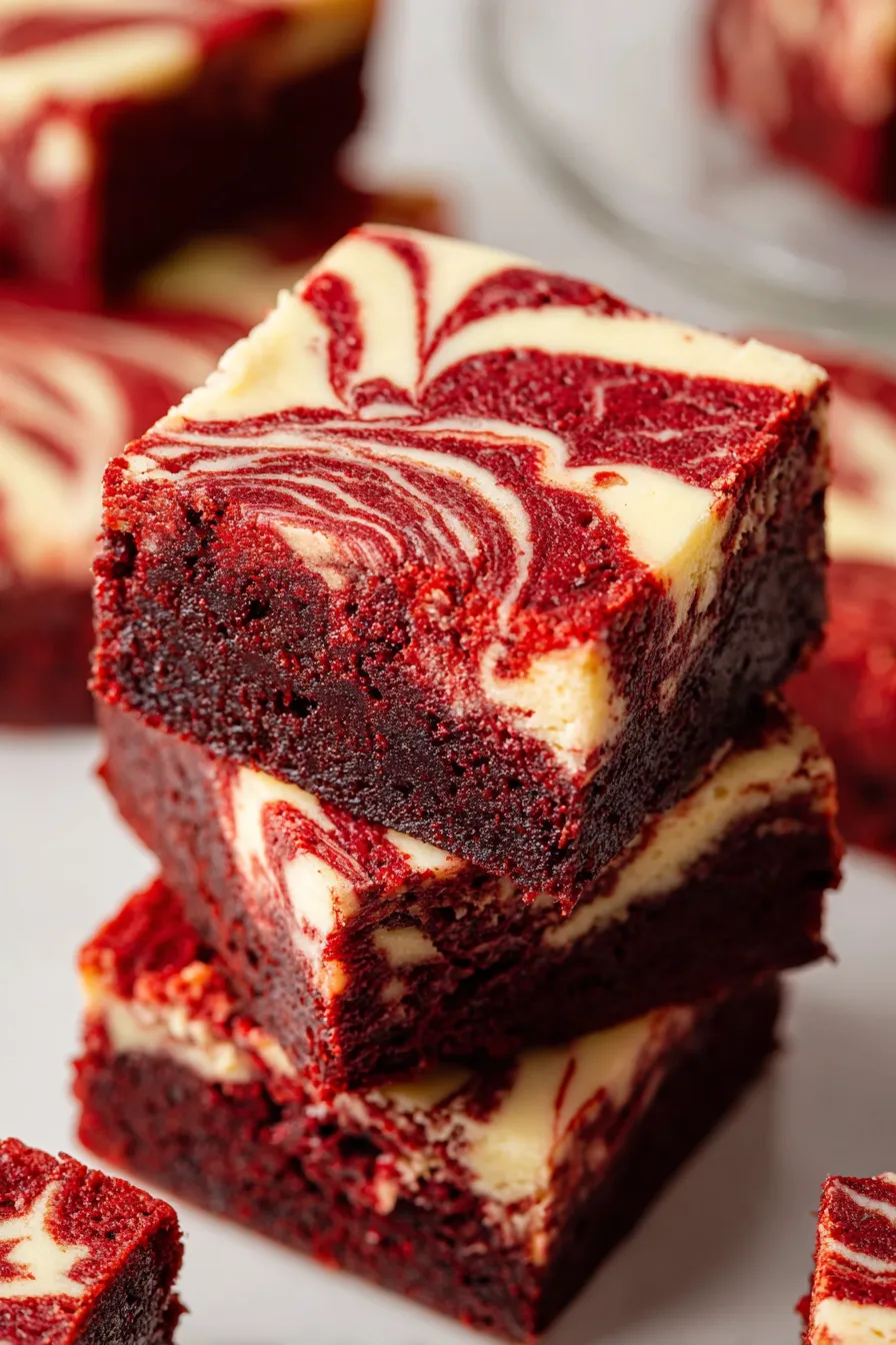 A close up of a red velvet cheesecake brownies.