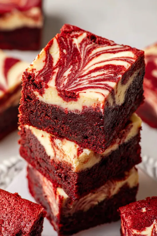 A stack of red velvet cheesecake brownies.