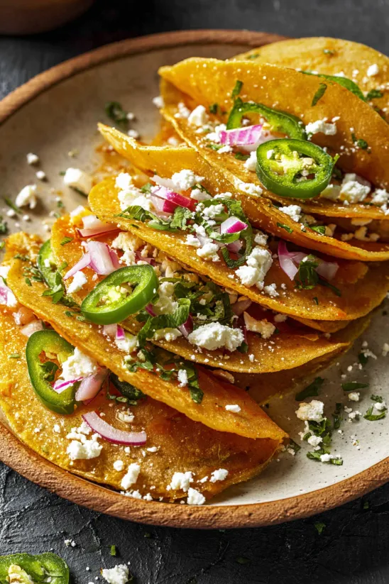 A plate of tacos de papa with cheese and jalapenos.