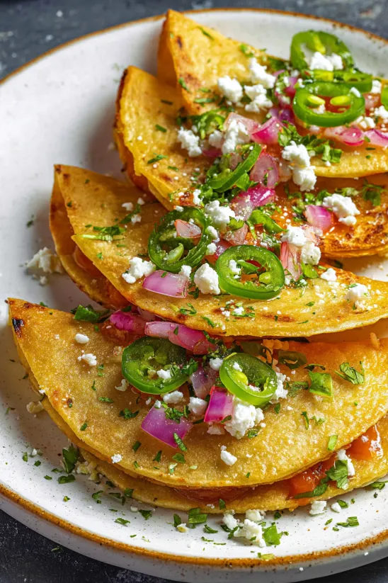 A stack of crispy potato tacos with feta cheese and jalapenos.