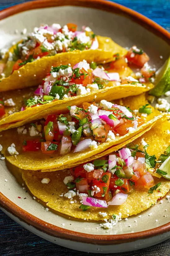 A plate of tacos de papa with tomatoes, onions, and cheese.
