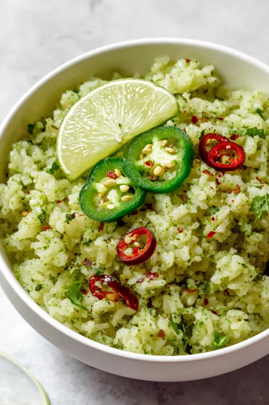 A bowl of arroz verde with limes and jalapenos.