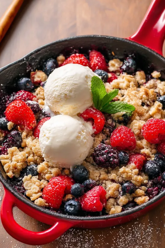 A bowl of berry cobbler with ice cream on top.