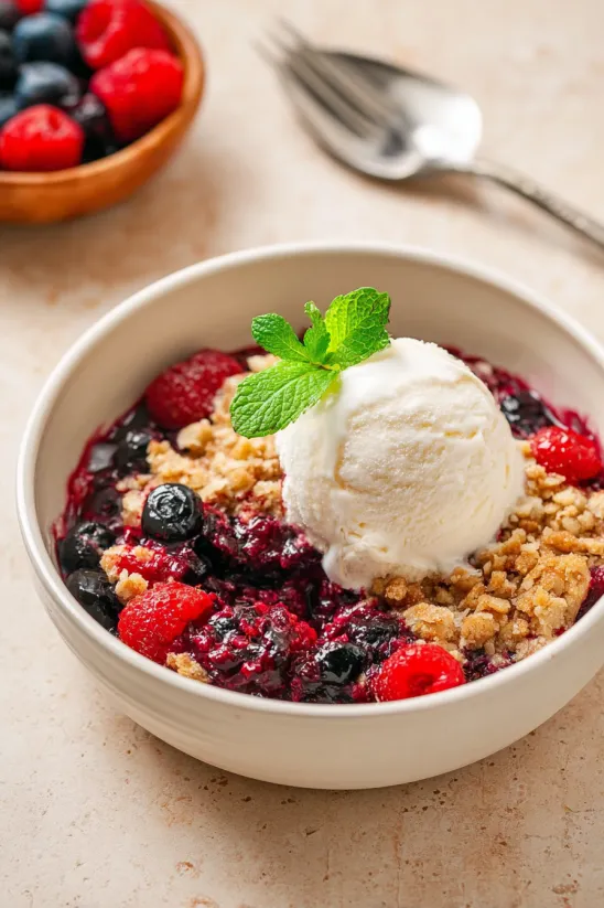 A bowl of berry cobbler with a scoop of ice cream on top.