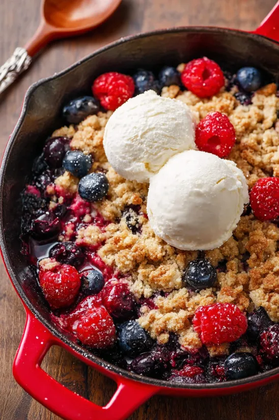 A bowl of berry cobbler with two scoops of ice cream.