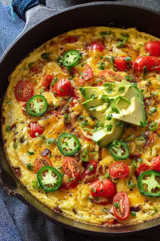 A dish of Migas with tomatoes, jalapenos, and avocado.