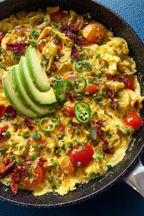 Migas with tomatoes, jalapenos, and avocado.