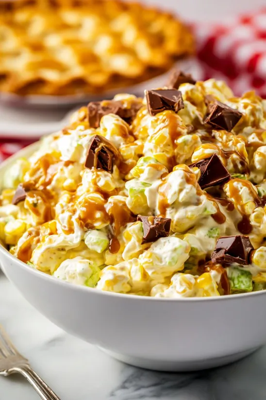 A bowl of Caramel Apple Snickers Salad.