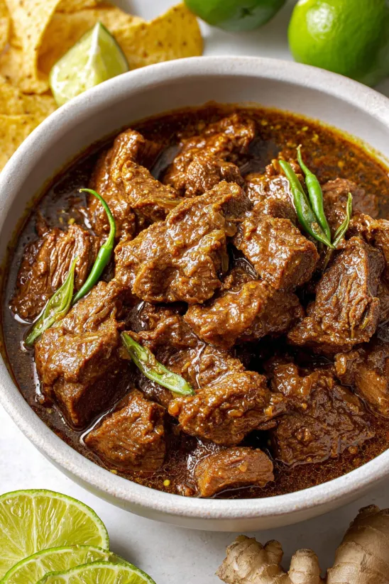 A bowl of meat with a green garnish.