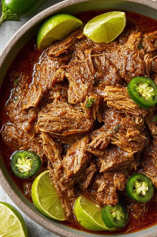 A bowl of Carne Adovada with limes and jalapenos.
