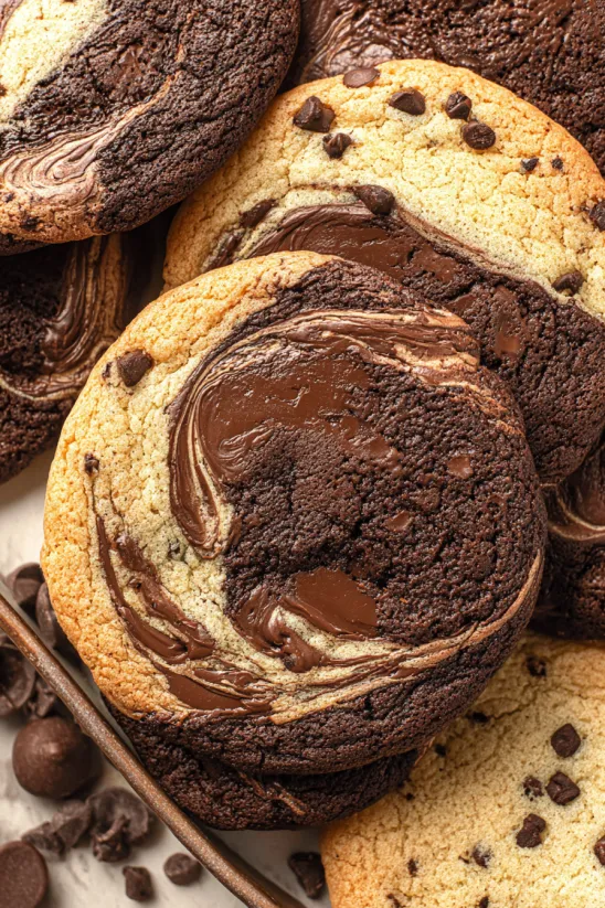 A close up of a chocolate chip cookie.