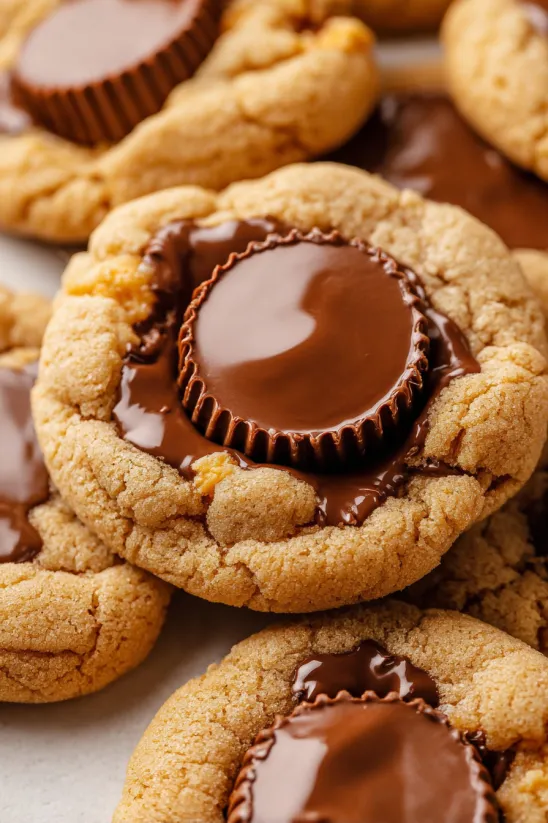 A close up of a chocolate covered peanut butter cookie.