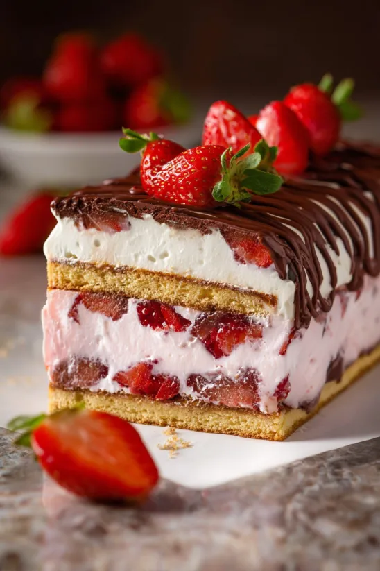 A slice of strawberry ice cream cake.