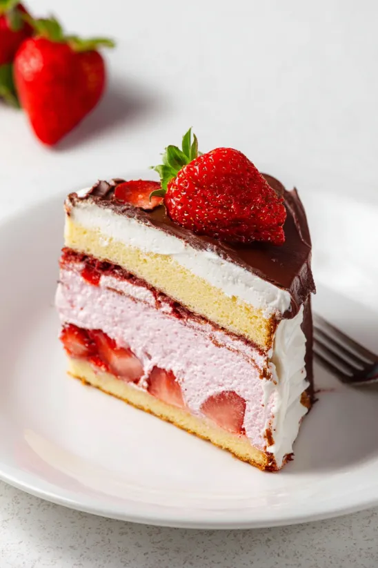 A slice of strawberry ice cream cake.