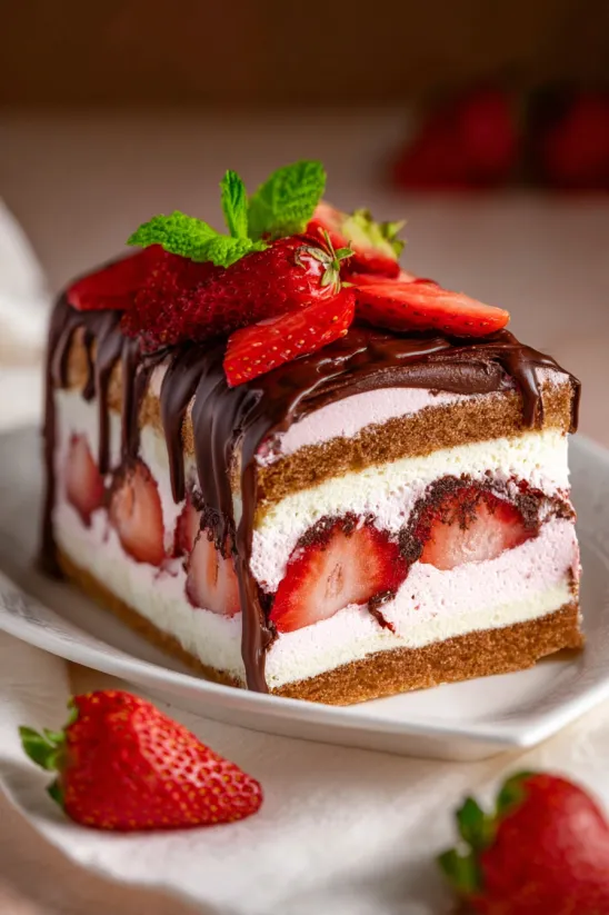 A slice of strawberry ice cream cake.