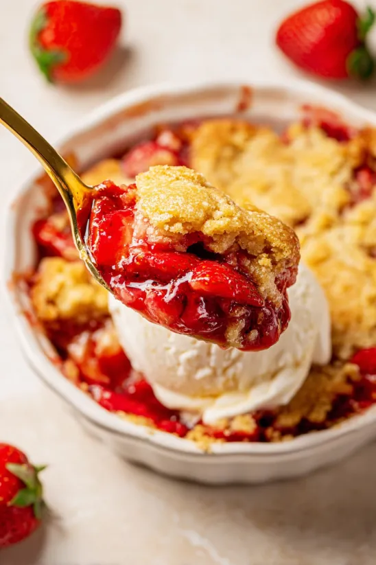 A fork is being used to eat a piece of strawberry dump cake.
