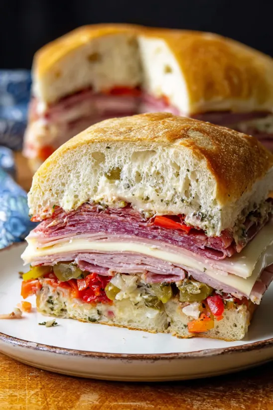A muffaletta sandwich with meat, cheese, and vegetables.