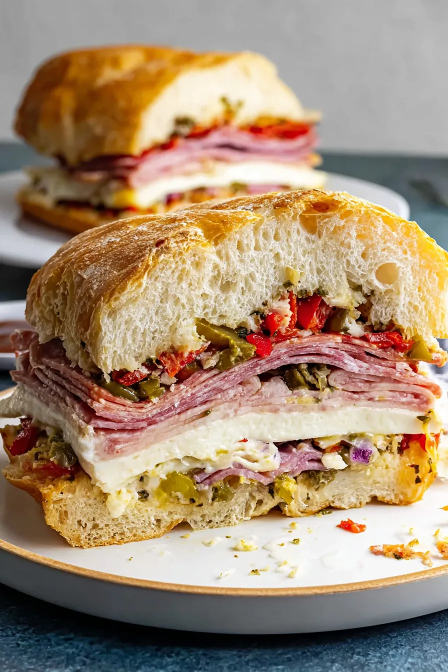 A muffaletta sandwich with meat, cheese, and vegetables.