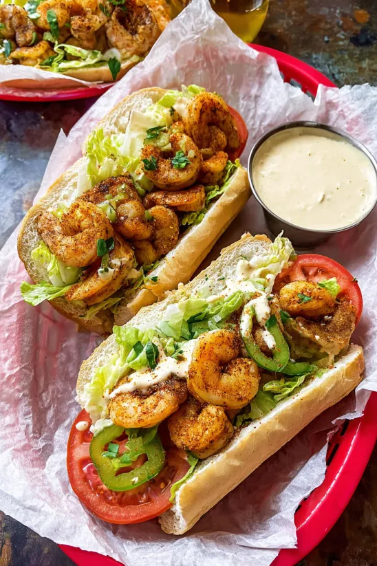 A sandwich with shrimp and lettuce on it.
