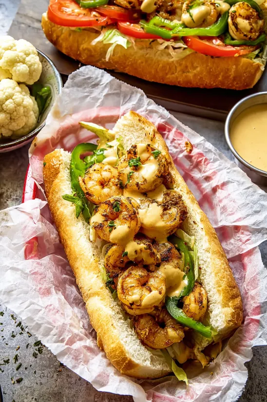 A shrimp po' boy sandwich with lettuce and mayonnaise.