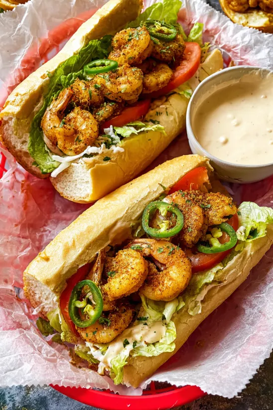 A sandwich with shrimp and lettuce.