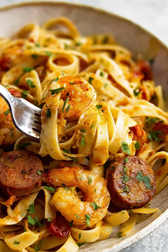 A bowl of Cajun Pasta with a fork.