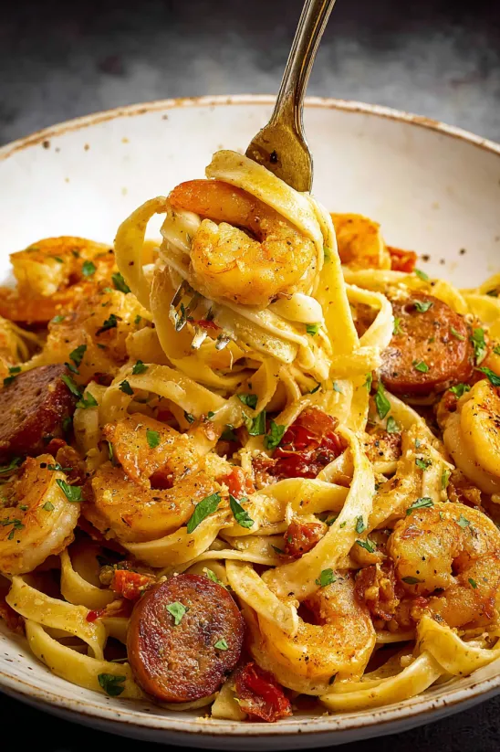 A bowl of Cajun Pasta with shrimp and pasta.