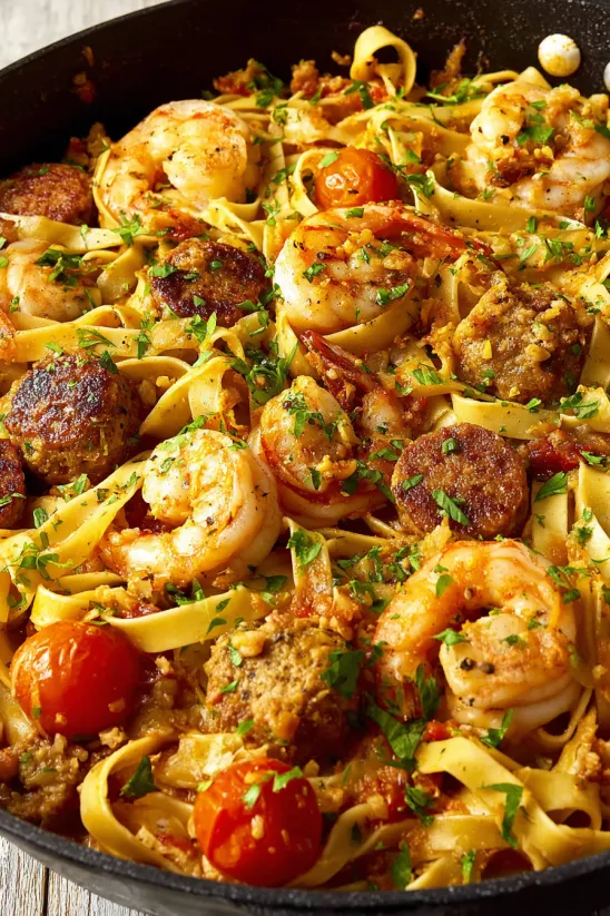 A dish of Cajun Pasta with shrimp and tomatoes.