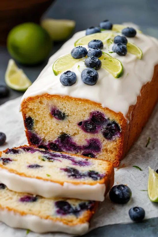 A slice of blueberry pound cake with lime slices on top.