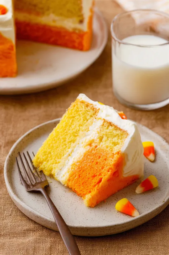 A slice of candy corn cake on a plate.