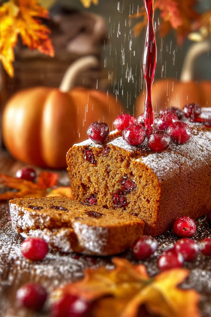 A slice of pumpkin cranberry bread with a drizzle of syrup.