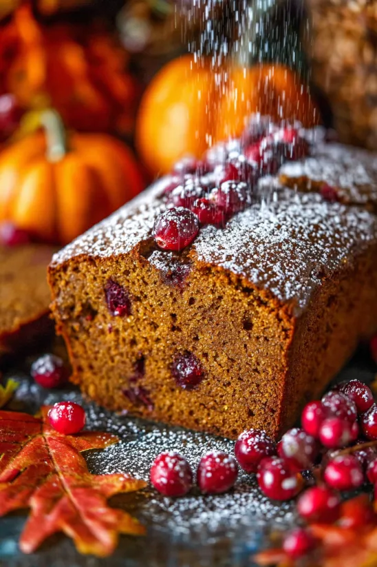 A slice of pumpkin cranberry bread.