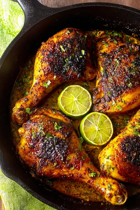 A pan of Pollo Asado (Mexican Roast Chicken) with limes and herbs.