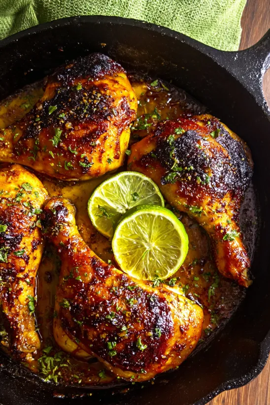 A pan of Pollo Asado with limes and herbs.