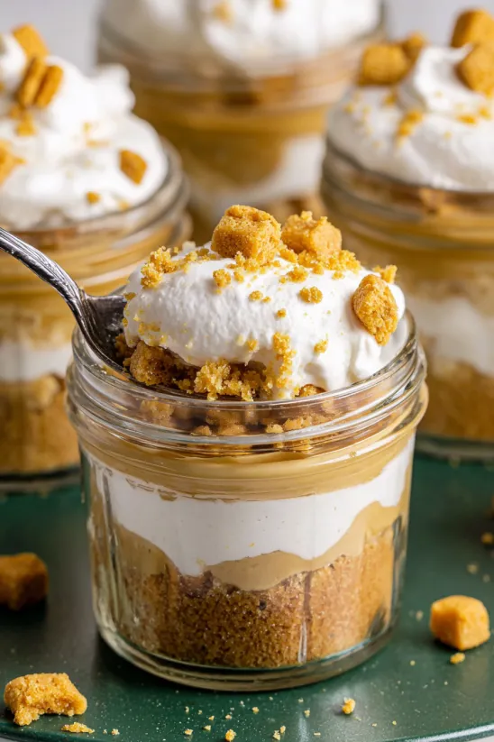A jar of peanut butter cheesecake with a spoon in it.