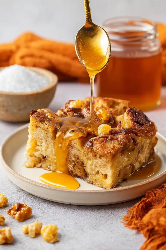 A slice of donut bread pudding with honey drizzled on top.