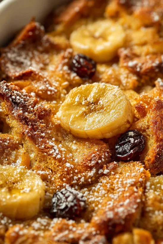 A close up of a dessert with bananas and raisins.