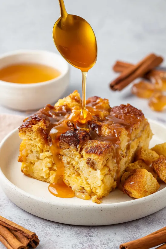 A slice of bread pudding with syrup drizzled on top.