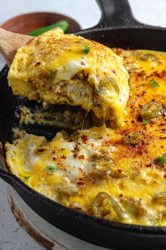 A close up of a chile relleno casserole.