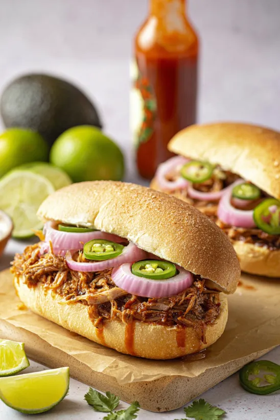 A sandwich with onions and jalapenos on it.