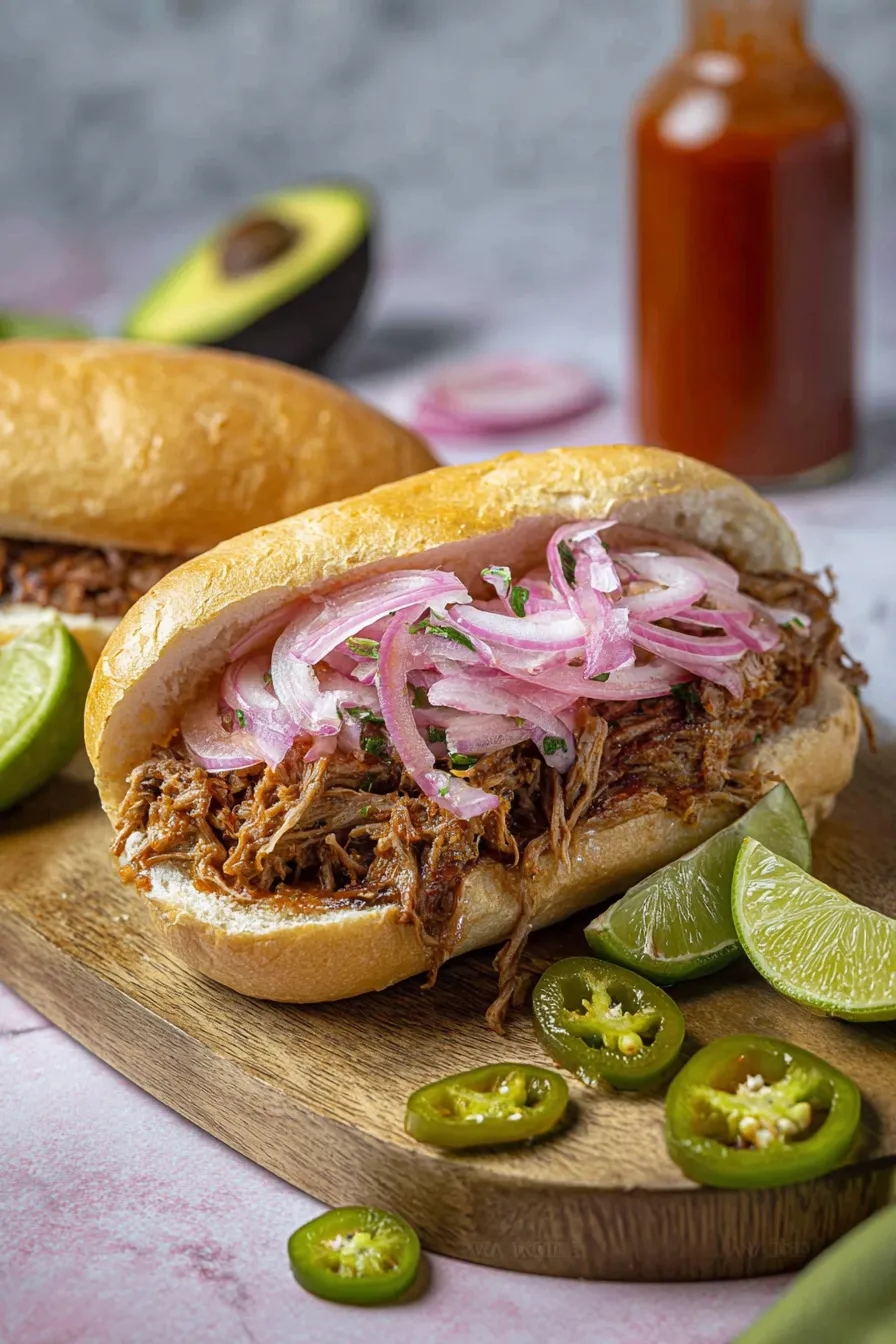 A sandwich with pulled pork and onions.