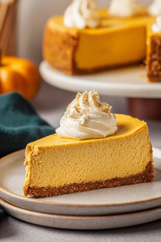 A slice of no bake pumpkin cheesecake with whipped cream on top.