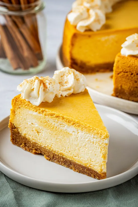 A slice of No Bake Pumpkin Cheesecake.