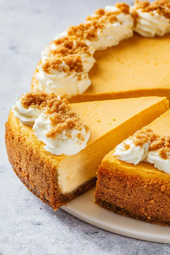 A slice of No Bake Pumpkin Cheesecake.