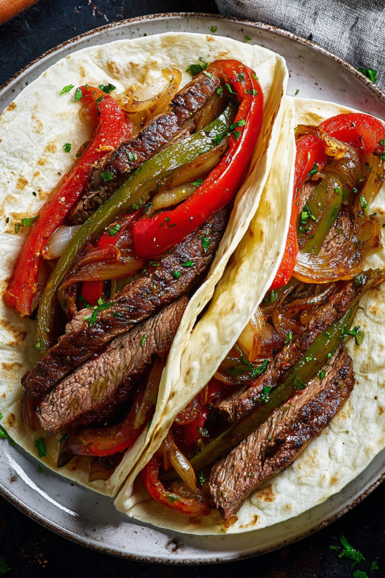 A delicious steak fajita with onions and peppers.