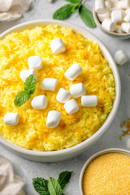 A bowl of rice with marshmallows and mint.